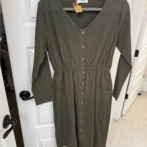 Elegant Olive V-Neck Button Front Long Sleeve Midi Dress